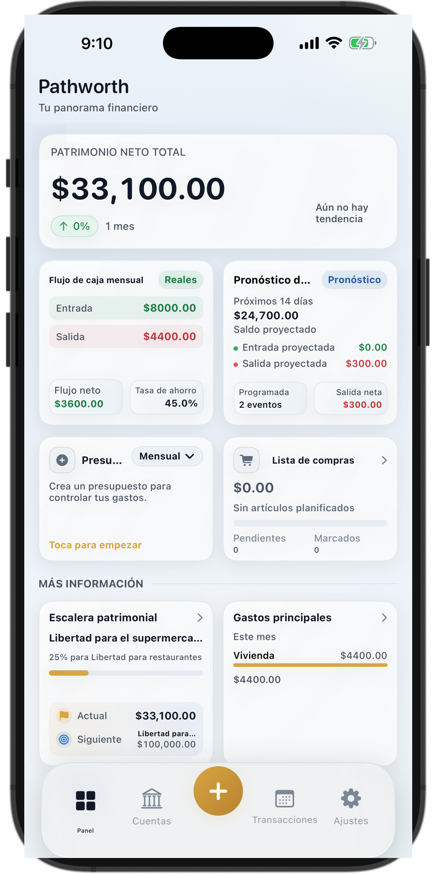 Panel de Pathworth en el simulador de iPhone con patrimonio neto, tendencia de tres meses, flujo de caja mensual, presupuesto, escalera de riqueza y tarjetas de mayores gastos.