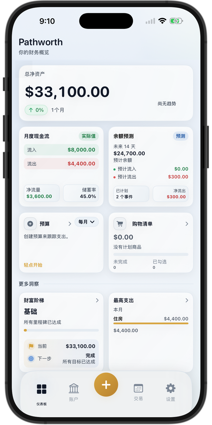 Pathworth 在 iPhone 模拟器中的仪表盘，显示净资产、三个月趋势、每月现金流、预算、财富阶梯和最高支出卡片。